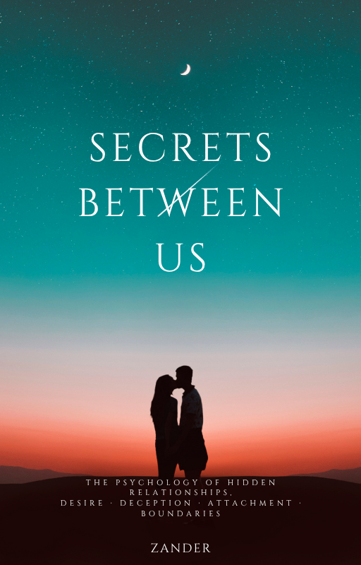 Cover of Secrets Between Us by Zander: two people in silhouette against a teal and coral dusk sky